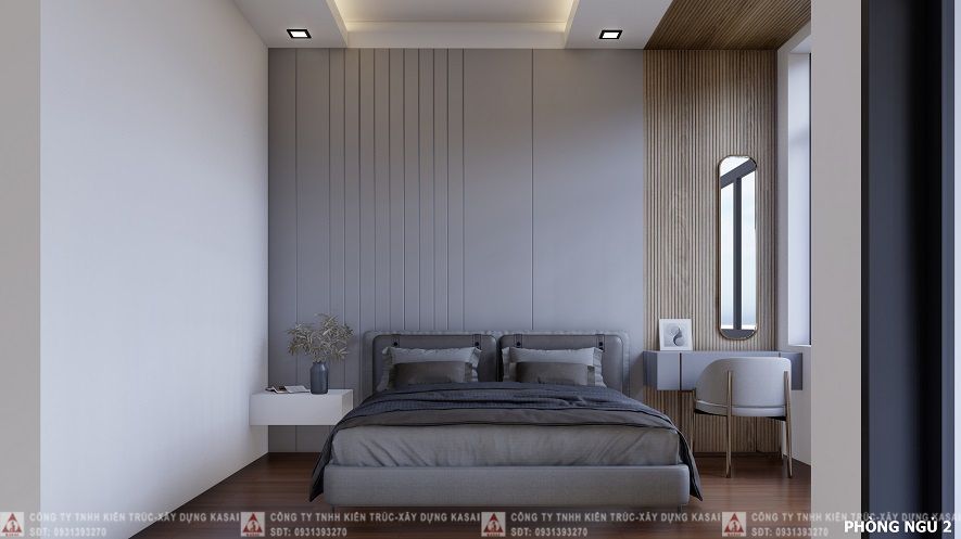 Phòng ngủ được thiết kế theo phong cách hiện đại với chiếc giường ngủ lớn được bố trí ở trung tâm phòng