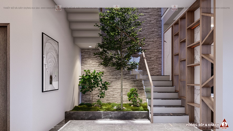 Thiết kế tiểu cảnh cạnh cầu thang giúp mang lại không gian xanh cho ngôi nhà