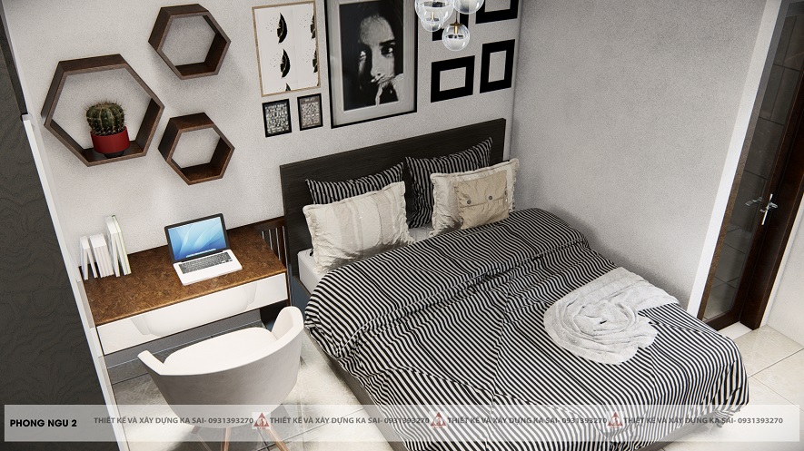 Không gian phòng ngủ mang vẻ đẹp nhẹ nhàng, trẻ trung với gam màu trắng chủ đạo