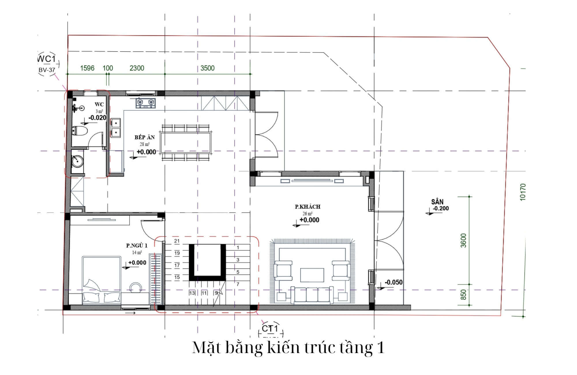 Bản vẽ tầng 1 biệt thự 3 tầng mái Nhật
