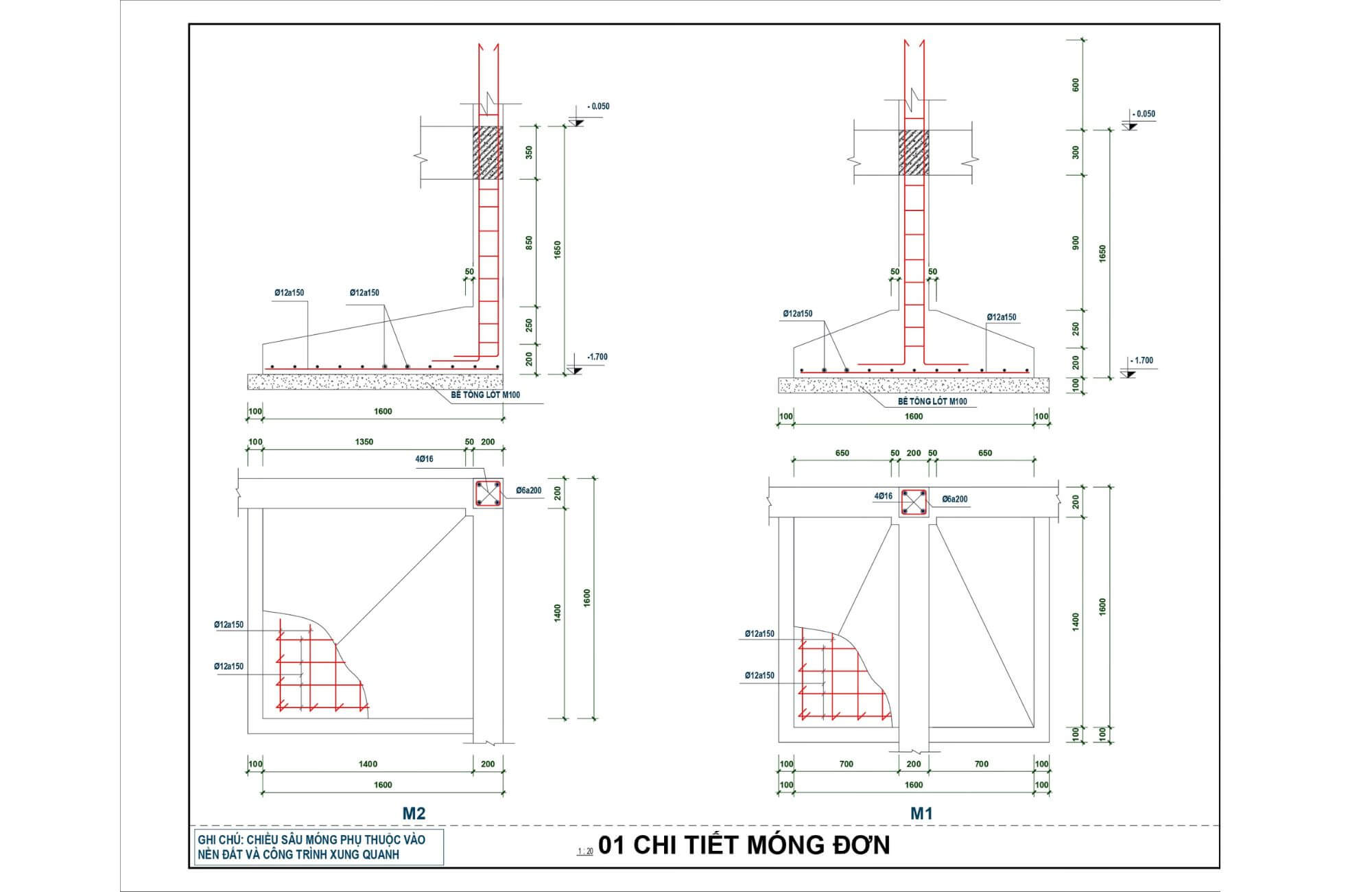 Bản vẽ kết cấu móng đơn nhà 2 tầng