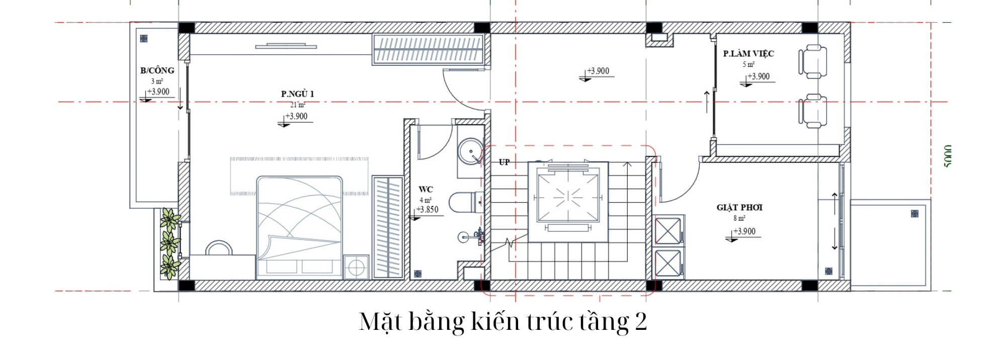 Bản vẽ mặt bằng nhà 4 tầng có thang máy tầng 2