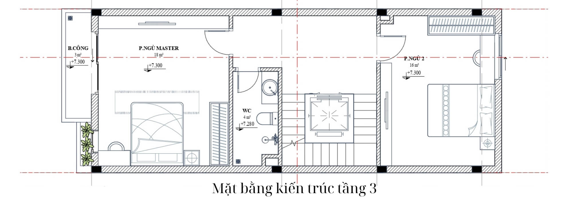 Bản vẽ mặt bằng nhà 4 tầng có thang máy tầng 3