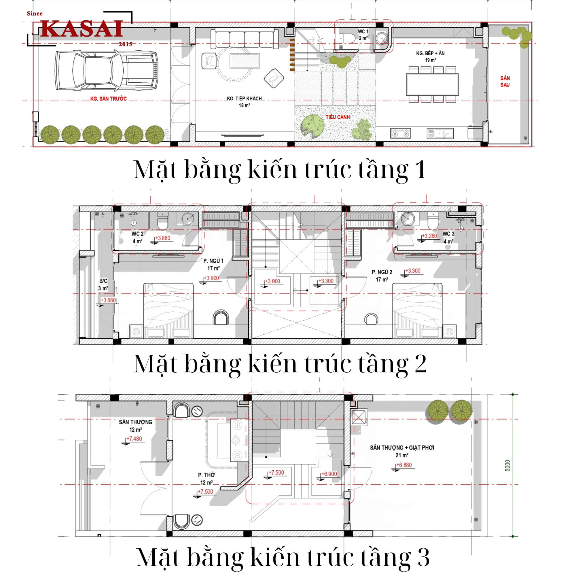 Bản vẽ mẫu nhà 3 tầng mặt tiền 5m