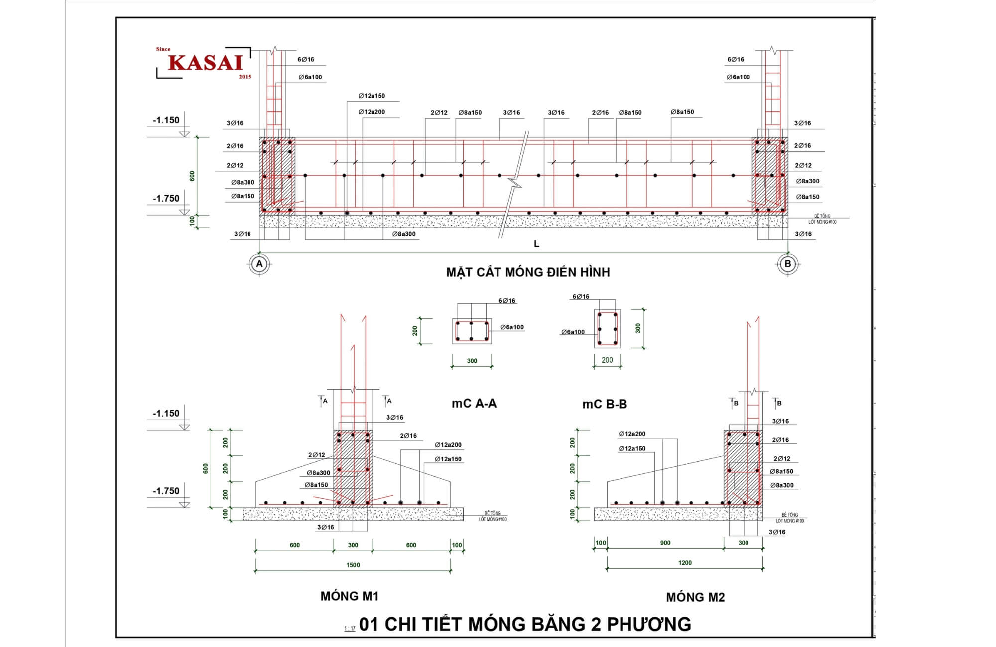 Bản vẽ móng băng 2 phương nhà 2 tầng
