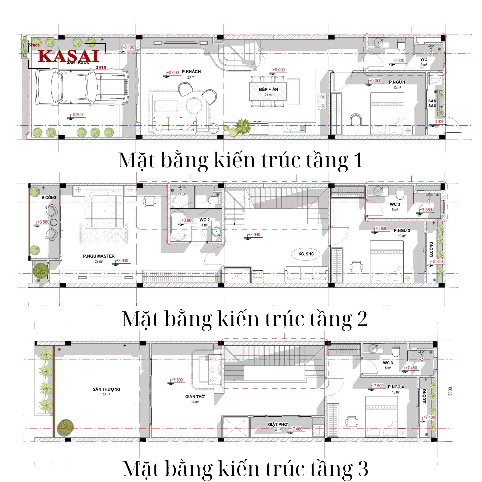 Mặt bằng bản vẽ nhà 3 tầng 4 phòng ngủ 5x20