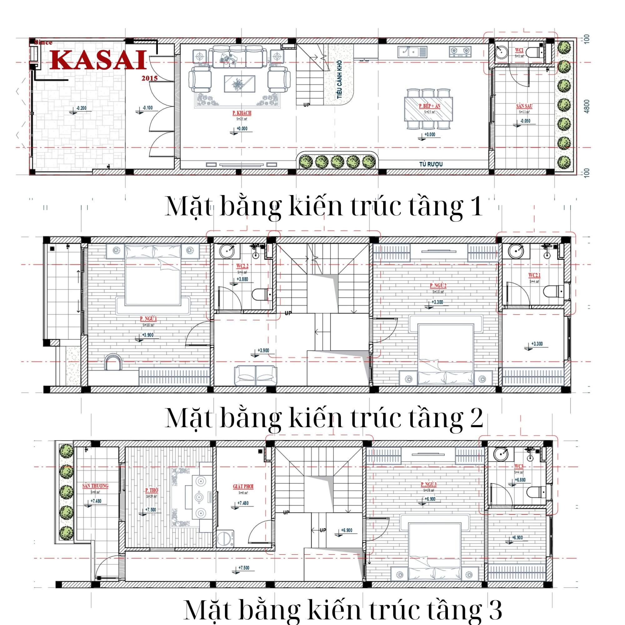 Bản vẽ thiết kế nhà ống 3 phòng ngủ 1 phòng thờ
