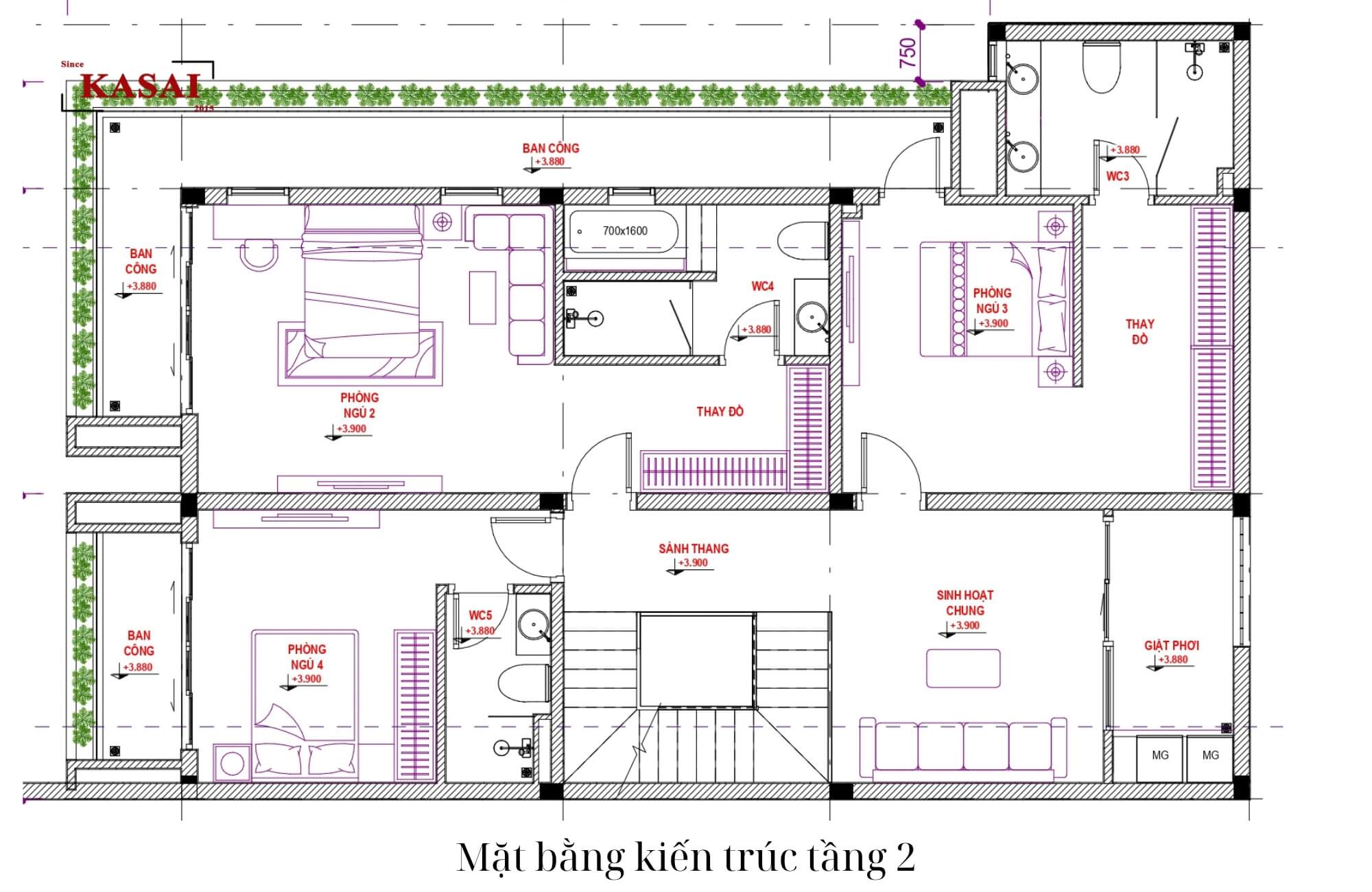 Bản vẽ tầng 2 biệt thự 2 mặt tiền 3 tầng