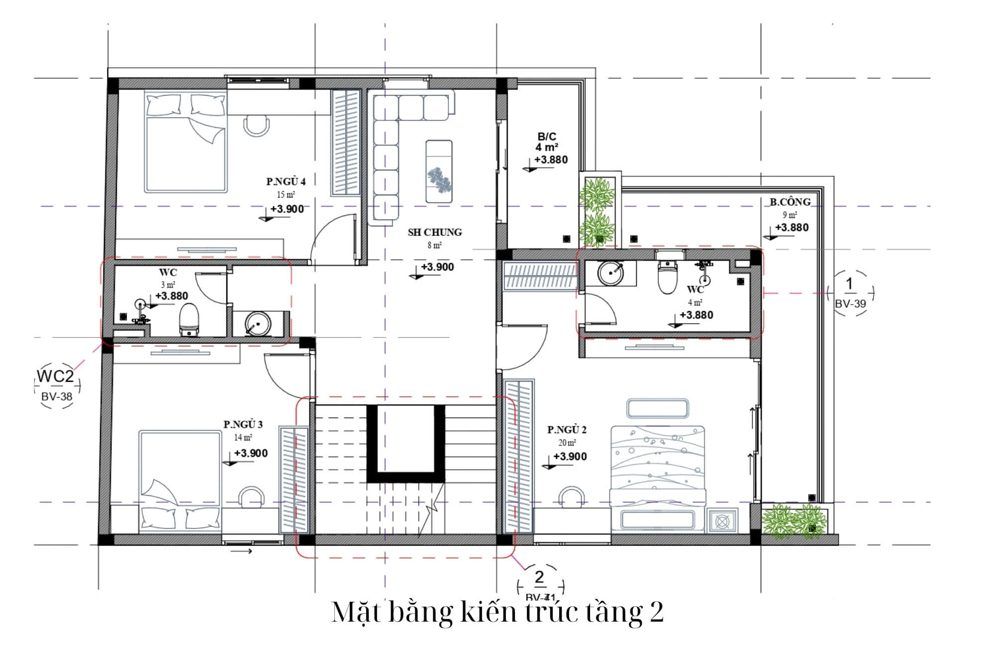Bản vẽ tầng 2 biệt thự 3 tầng mái Nhật