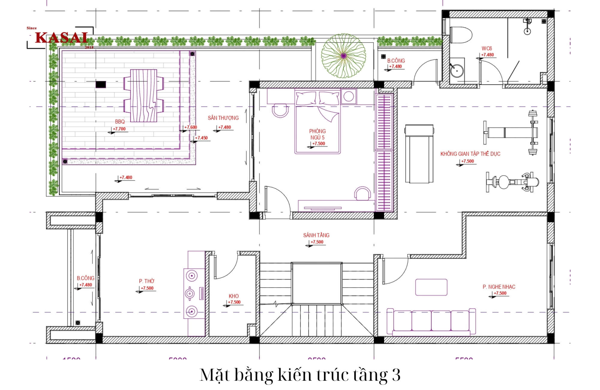 Bản vẽ tầng 3 biệt thự 2 mặt tiền 3 tầng