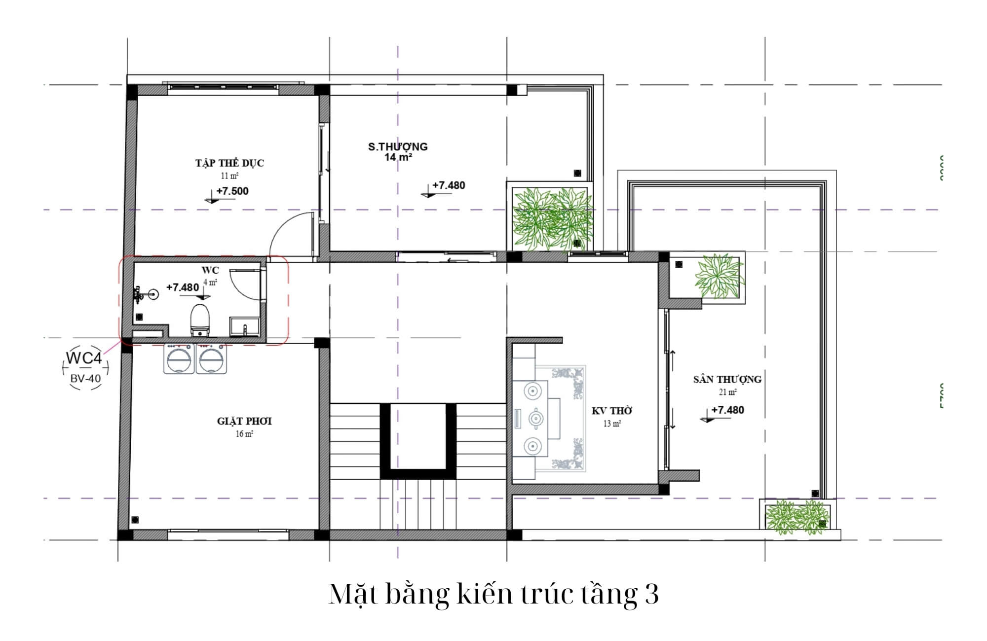 Bản vẽ tầng 3 biệt thự 3 tầng mái Nhật