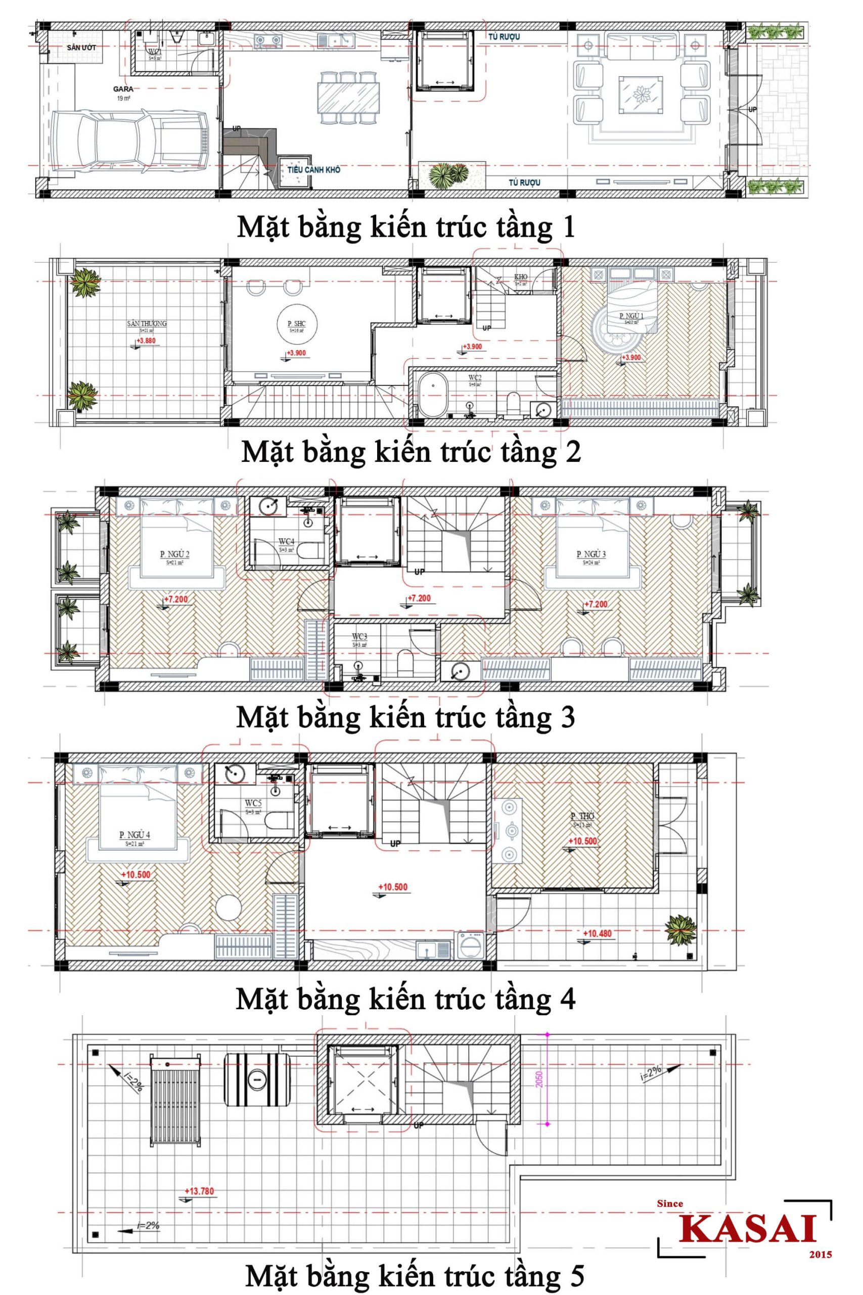 Bản vẽ thiết kế nhà 5 tầng 5x20 có thang máy