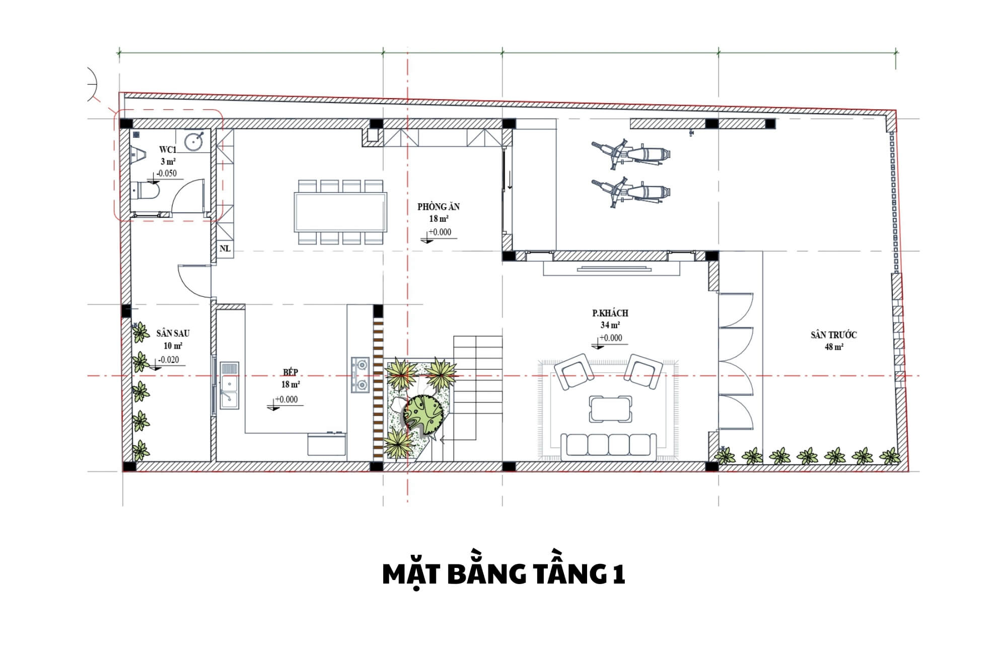 Mặt bằng tầng 1 nhà 3 tầng mái Nhật