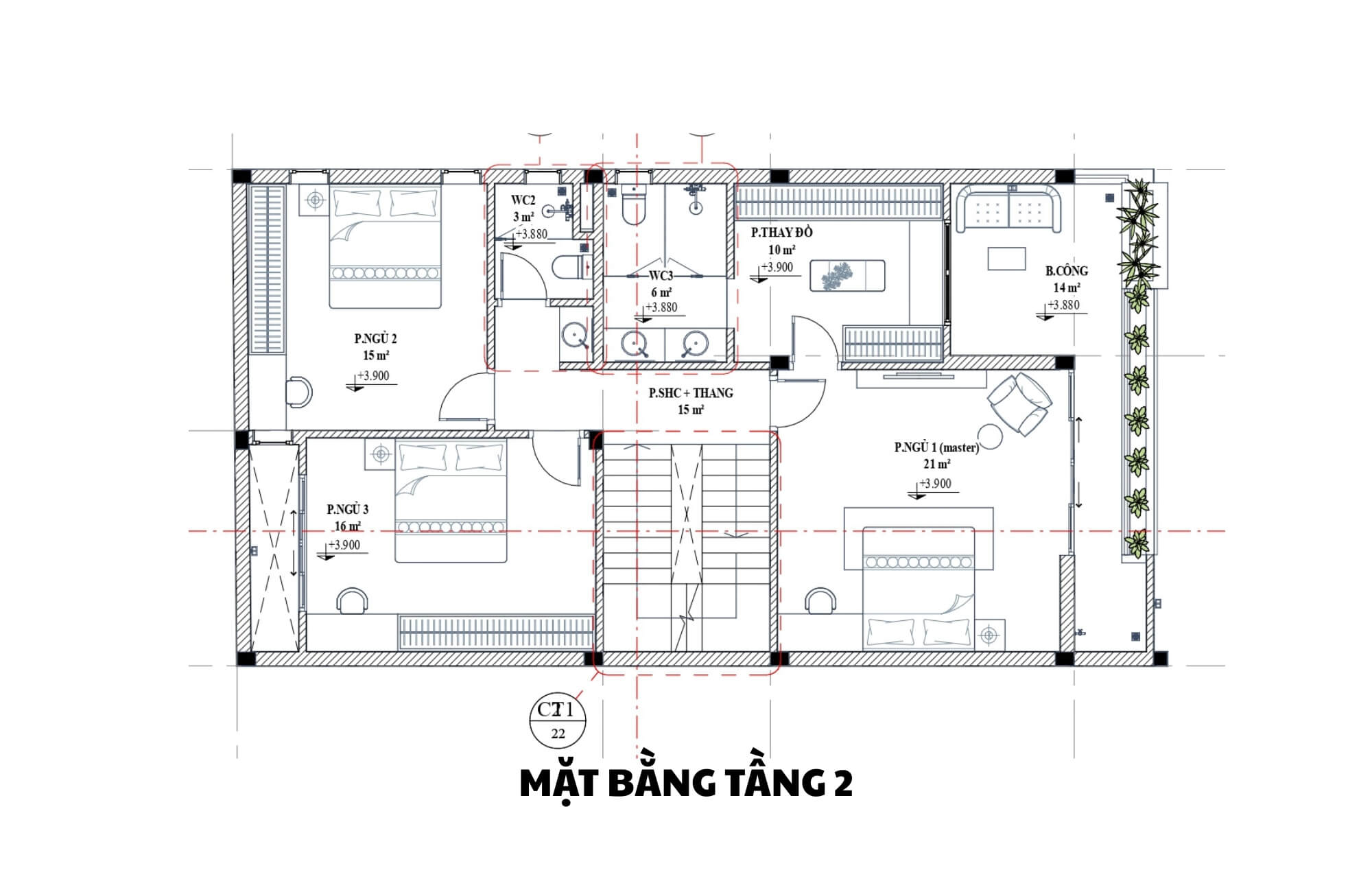 Mặt bằng tầng 2 nhà 3 tầng mái Nhật