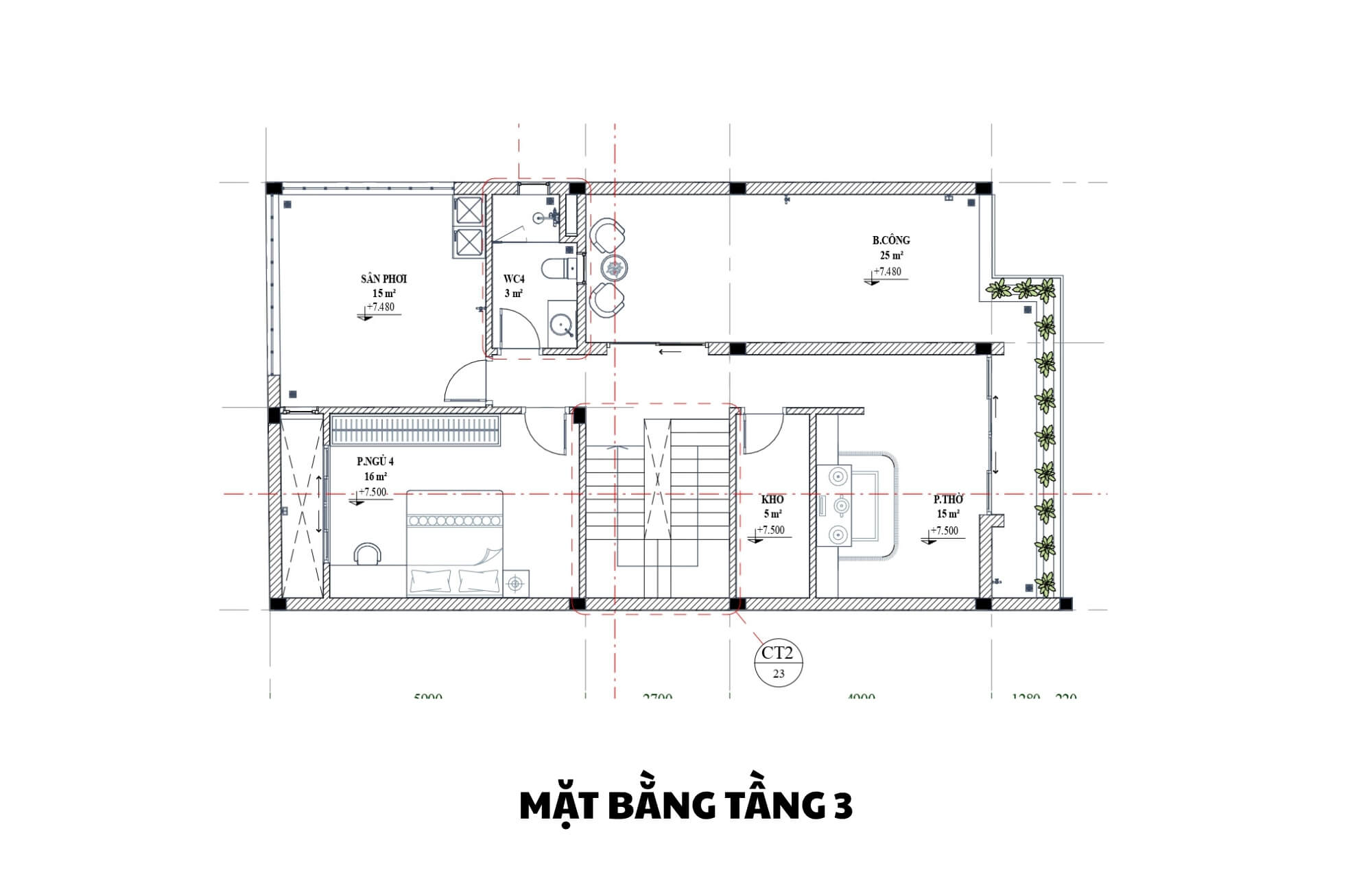 Mặt bằng tầng 3 nhà 3 tầng mái Nhật
