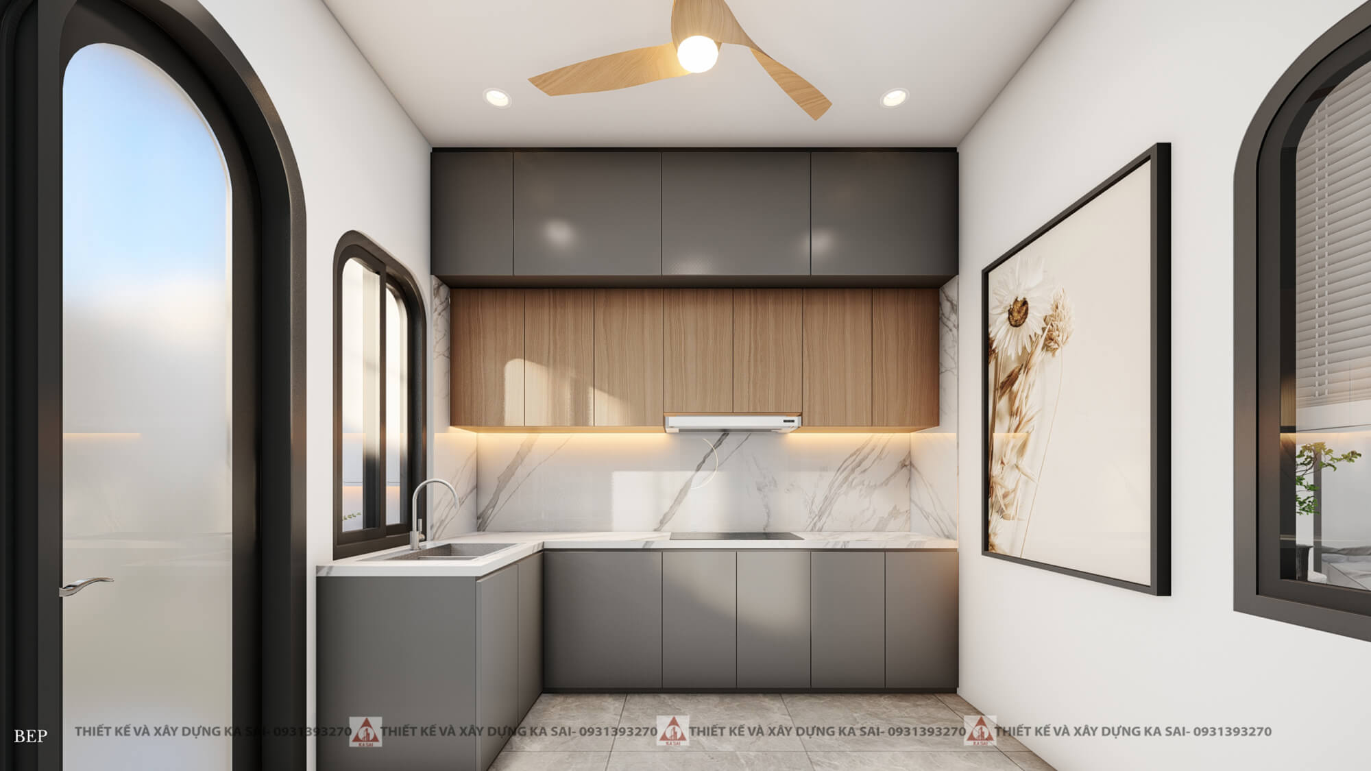 Phòng bếp nhà 5x20 3 tầng có thang máy