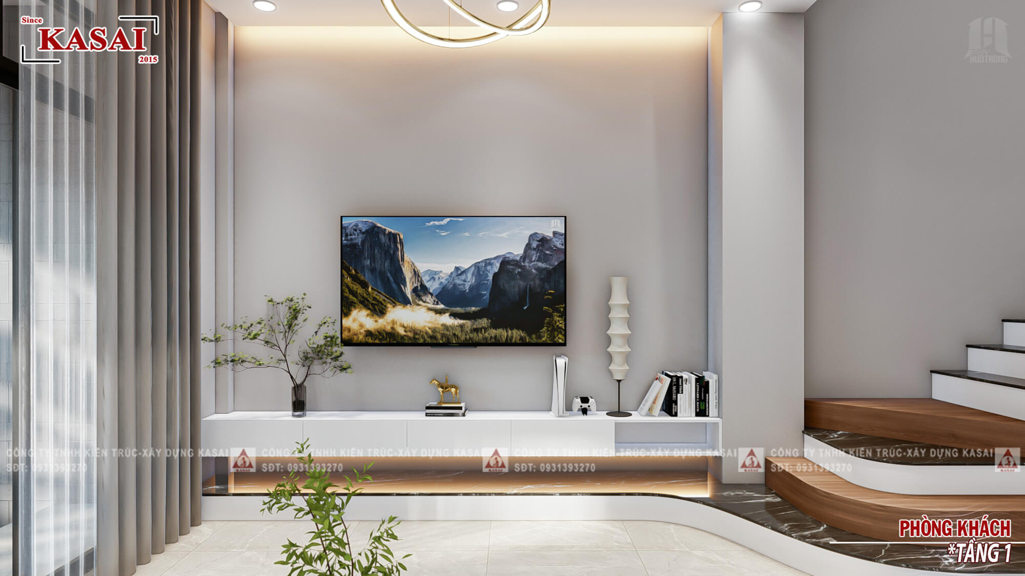 Phòng khách nhà 3 tầng 4 phòng ngủ 5x20