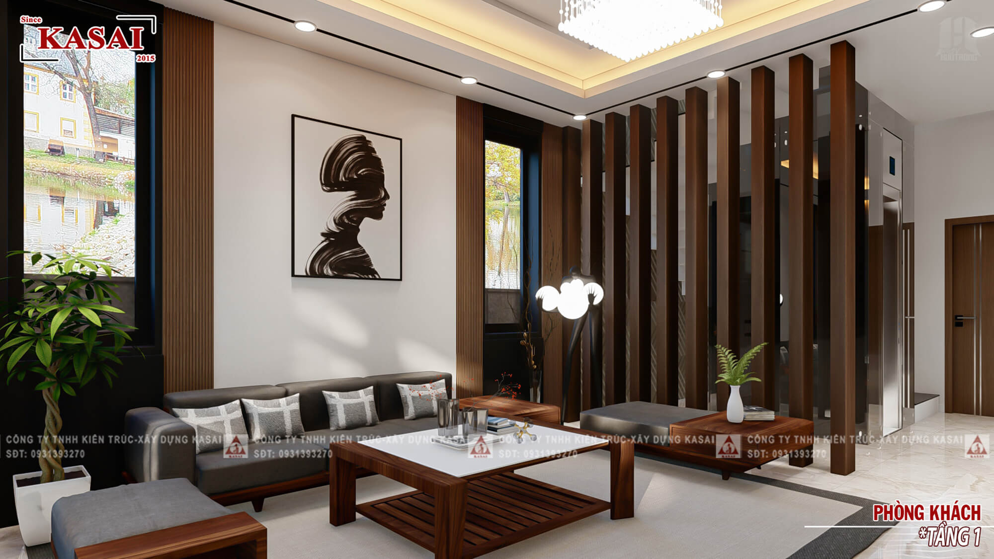 Phòng khách biệt thự 3 tầng mái Nhật