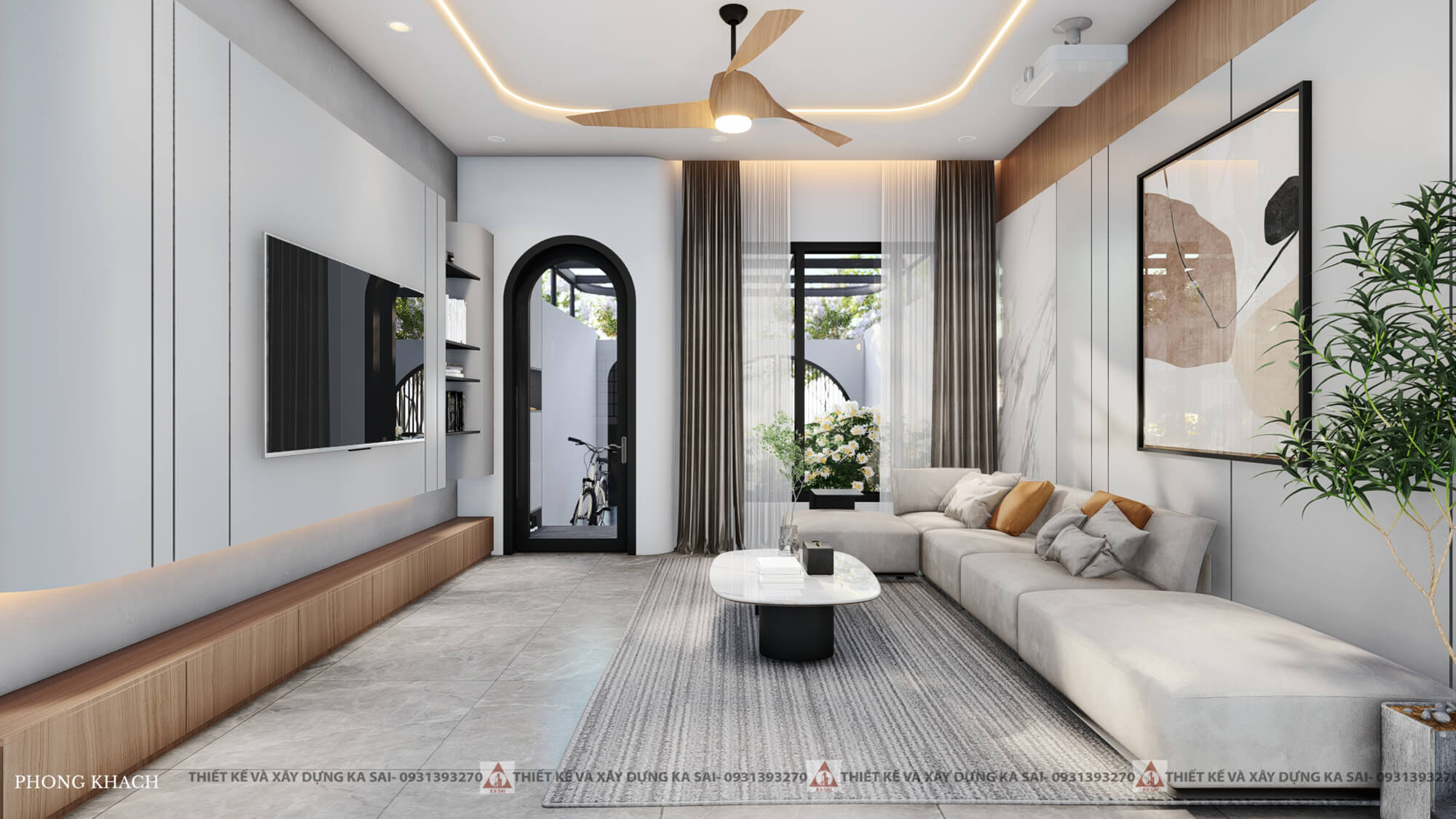 Phòng khách nhà 5x20 3 tầng có thang máy