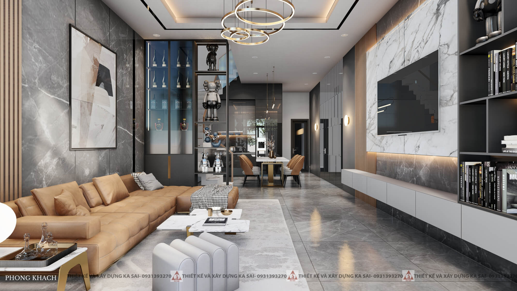 Phòng khách thiết kế nhà ống 3 tầng có giếng trời 5x20m