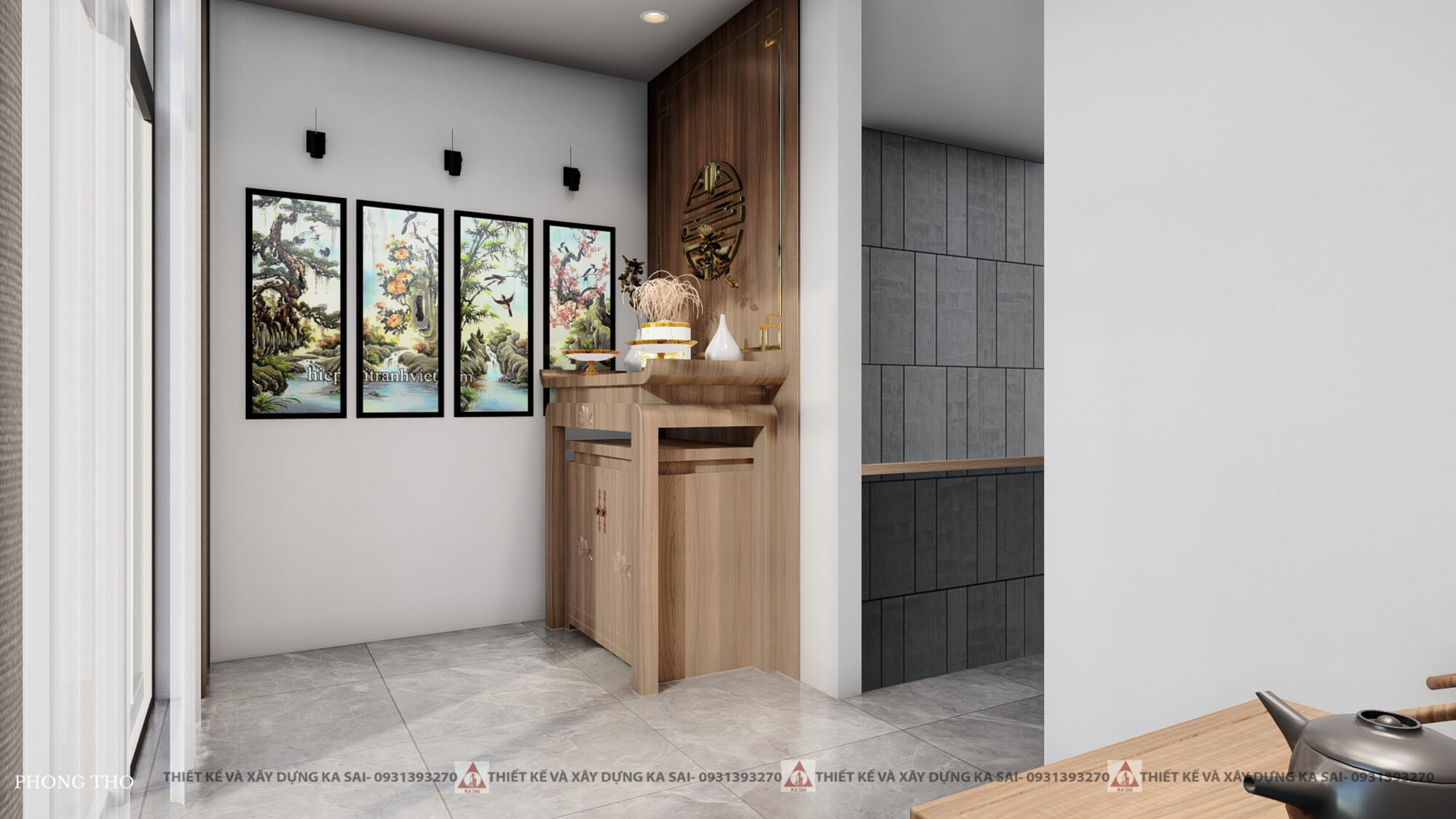 Phòng thờ thiết kế nhà ống 3 tầng có giếng trời 5x20m