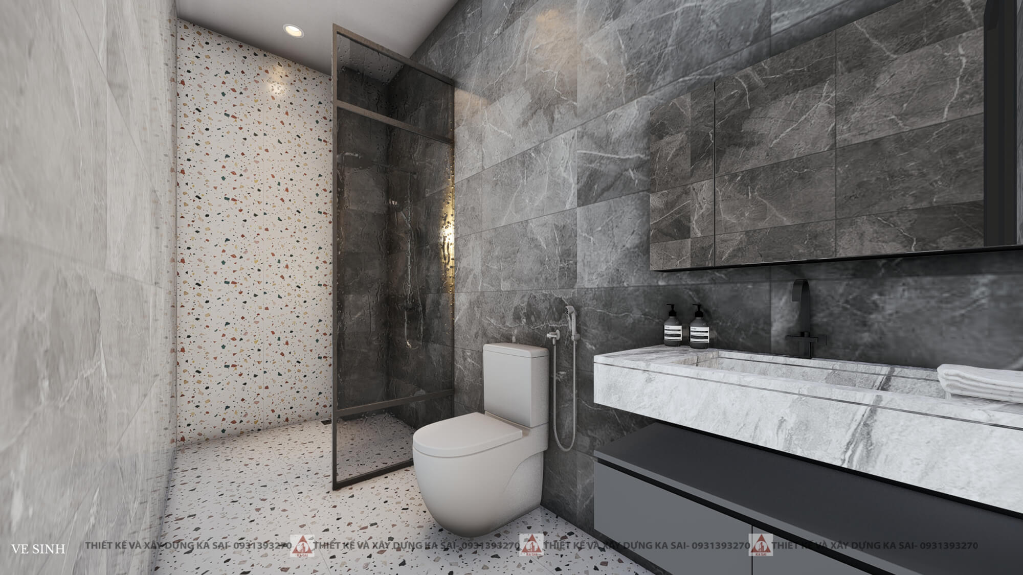Phòng WC thiết kế nhà ống 3 tầng có giếng trời 5x20m