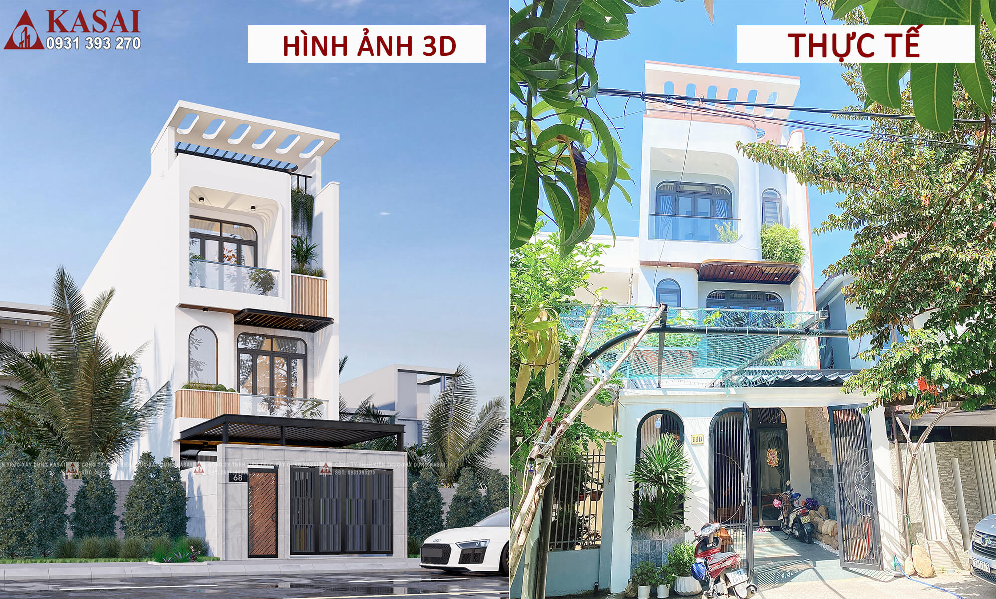 Thực tế và ảnh 3D nhà 3 tầng hiện đại giữa phố