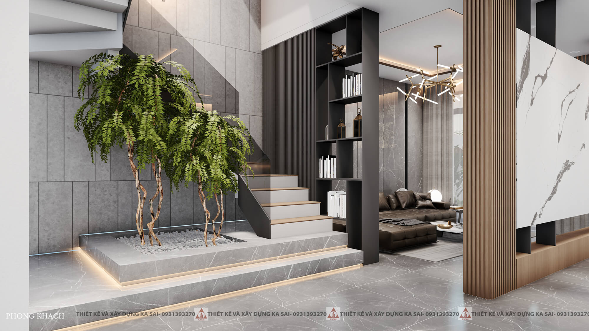 Tiểu cảnh cầu thang biệt thự 2 mặt tiền 3 tầng