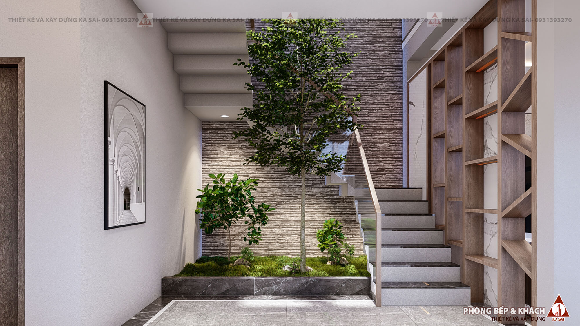 Tiểu cảnh cầu thang nhà 2 tầng 1 tum