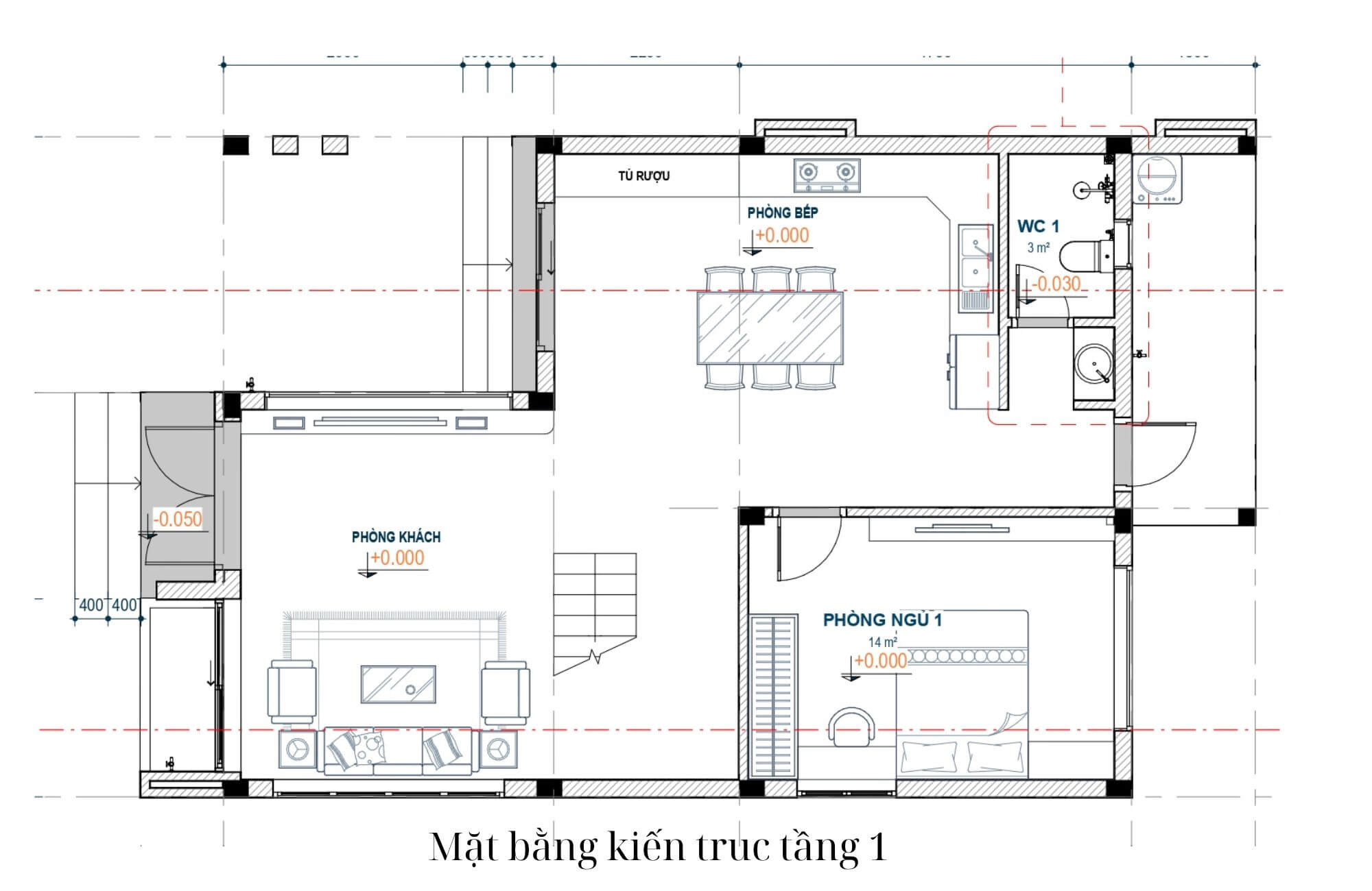 Bản vẽ kiến trúc tầng 1 nhà 2 tầng 8x10