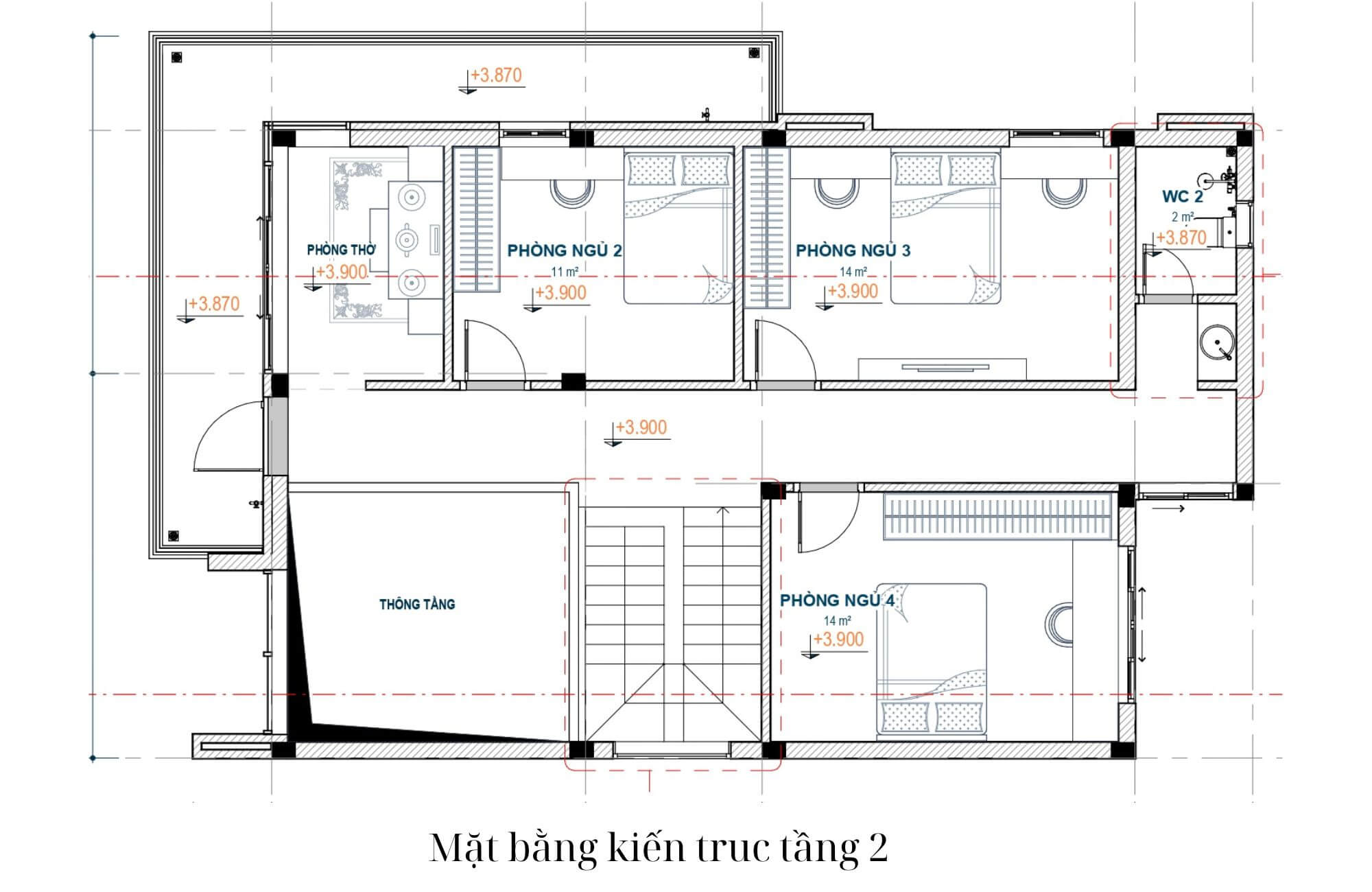 Bản vẽ kiến trúc tầng 2 nhà 2 tầng 8x10