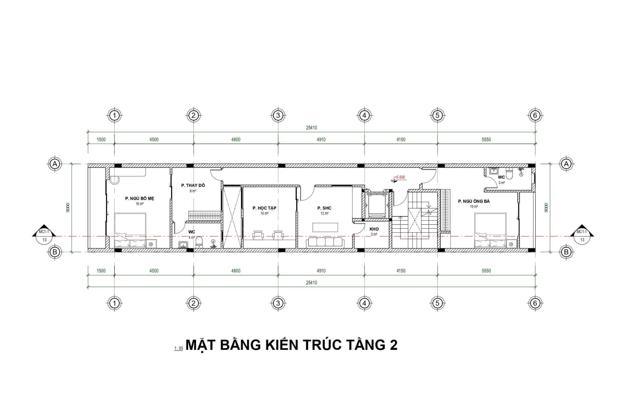 Bản vẽ tầng 2 thiết kế căn hộ 5 tầng