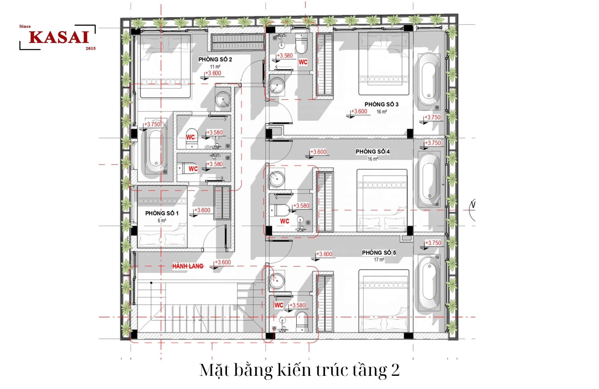 Bản vẽ tầng 2 thiết kế khách sạn mặt tiền 10mx15m