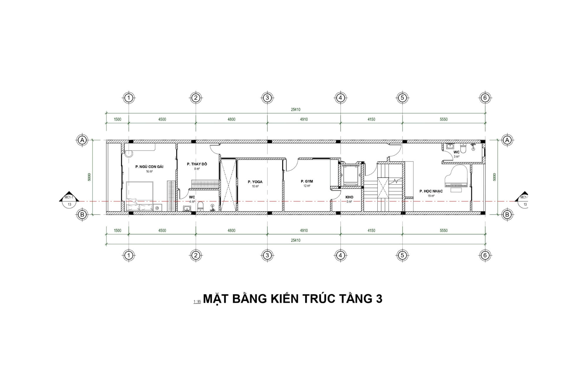 Bản vẽ tầng 3 thiết kế căn hộ 5 tầng
