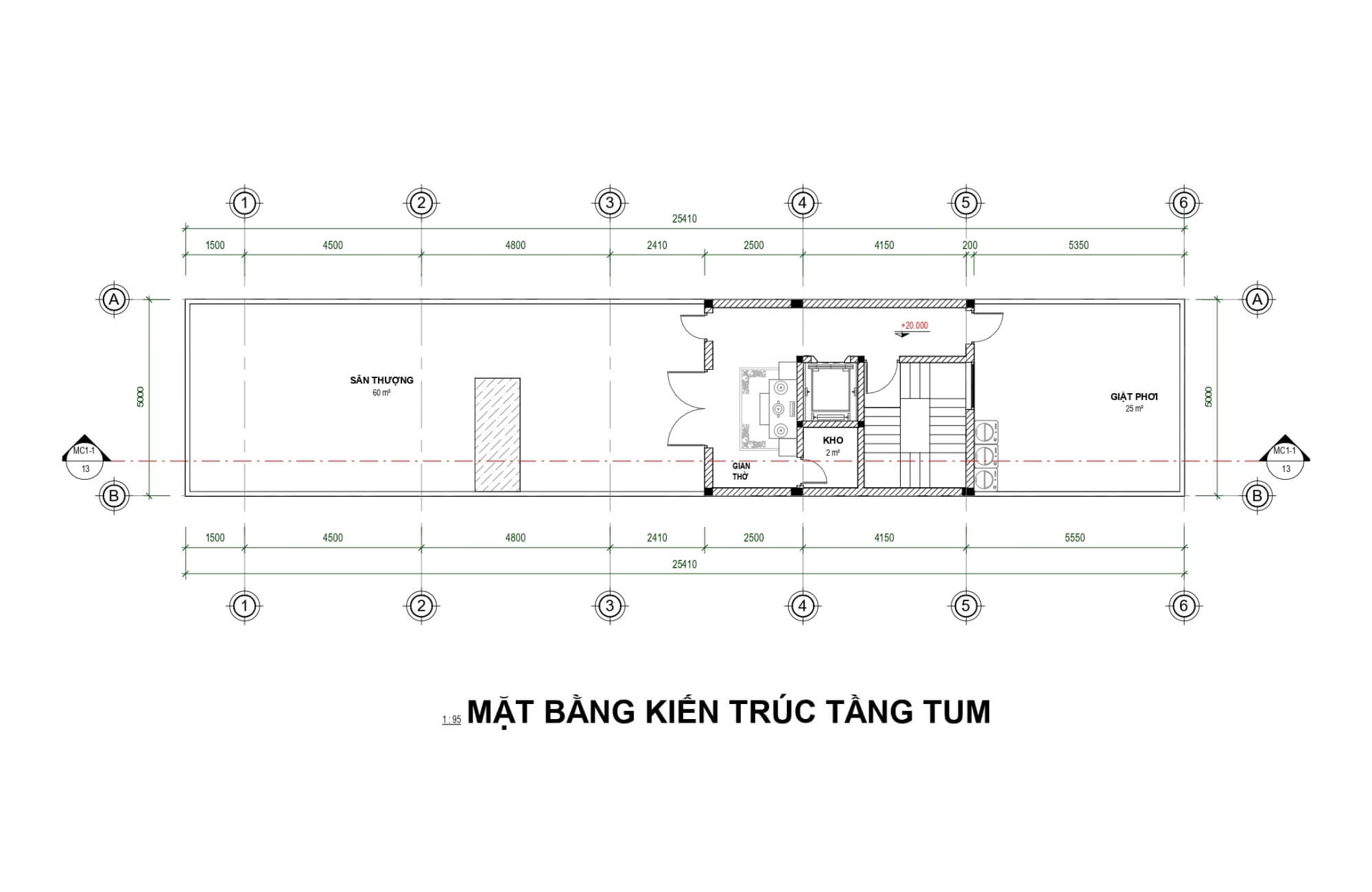 Bản vẽ tầng tum thiết kế căn hộ 5 tầng