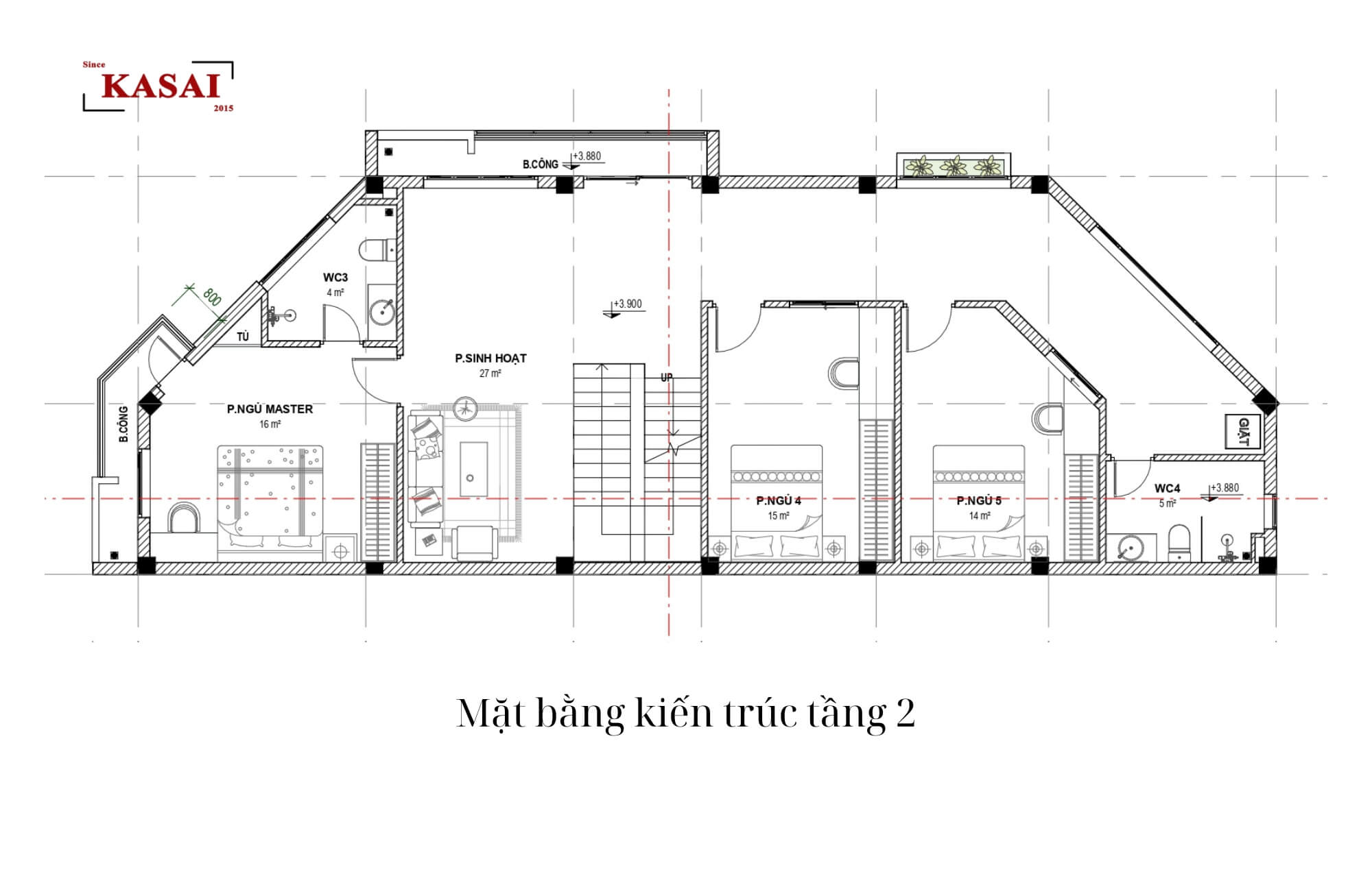 Bản vẽ thiết kế tầng 2 biệt thự 3 tầng