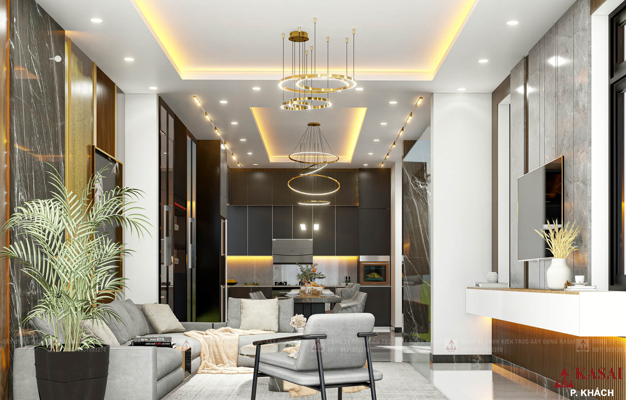 Không gian mở phòng khách biệt thự 3 tầng mái bằng