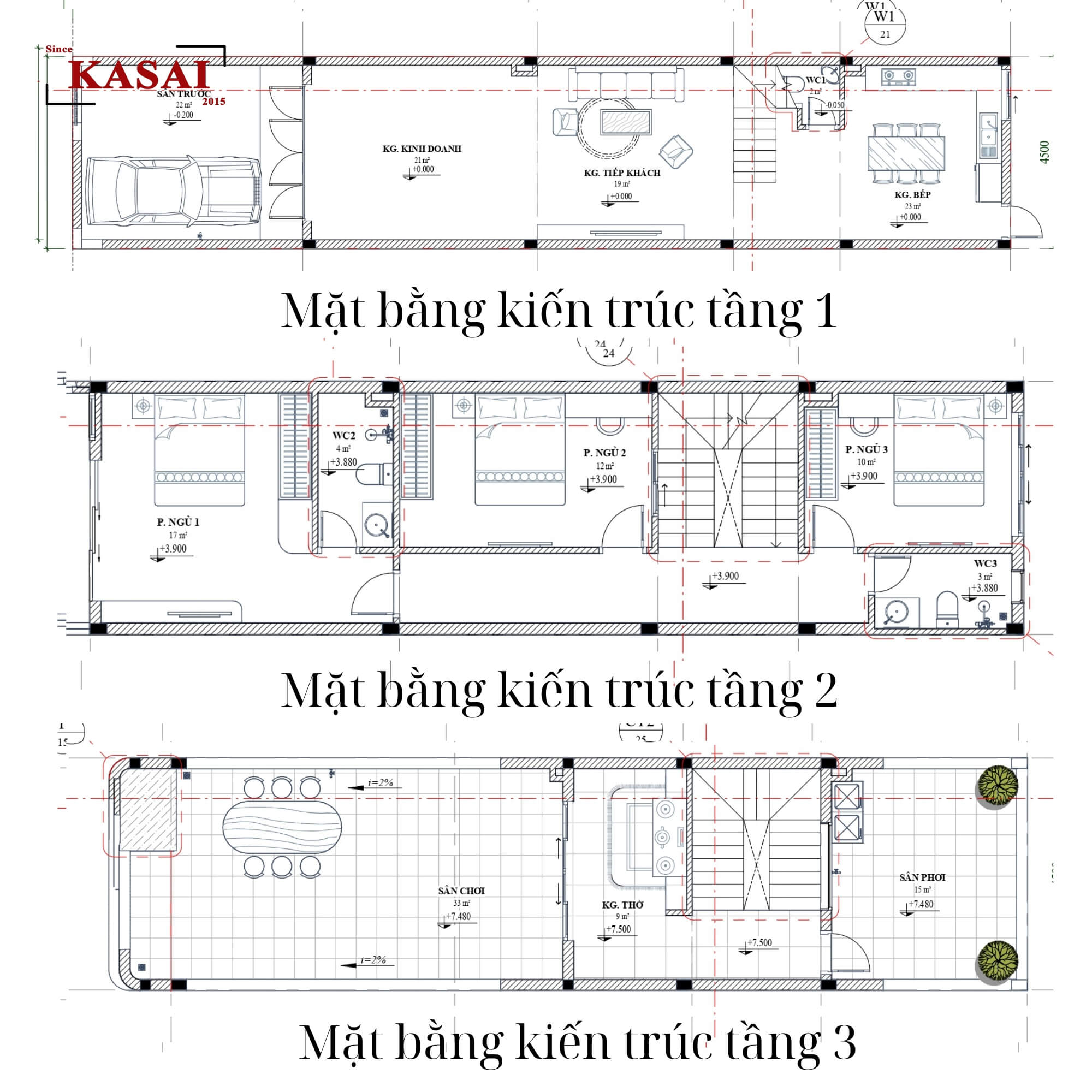 Bản vẽ thiết kế mẫu nhà đẹp 3 tầng 4.5x22m