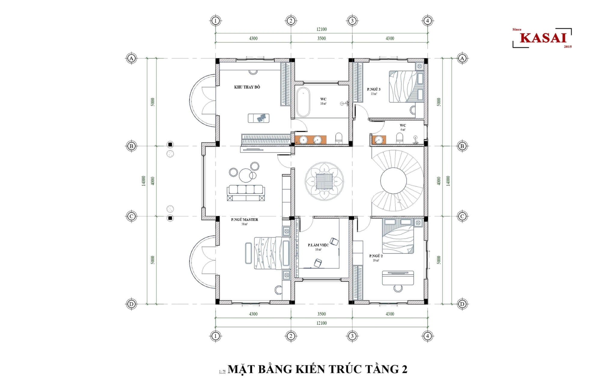 Mặt bằng tầng 2 biệt thự 3 tầng tân cổ điển