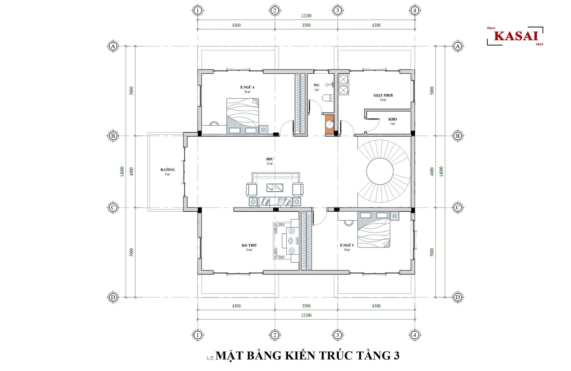 Mặt bằng tầng 3 biệt thự 3 tầng tân cổ điển