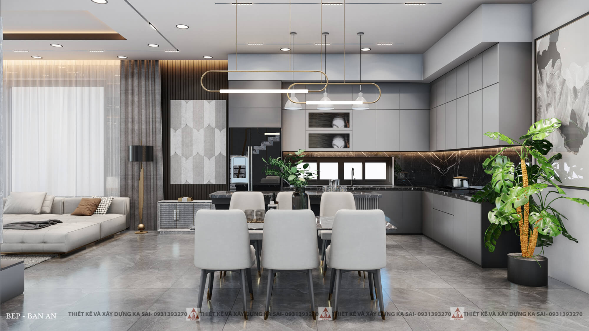 Phòng bếp thiết kế biệt thự 8x15