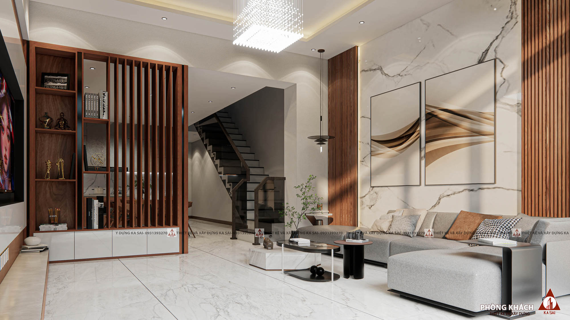 Phòng khách mẫu nhà 2 tầng đẹp 5x16m 4 phòng ngủ