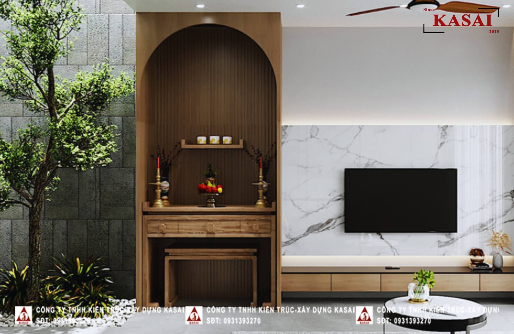Thiết kế phòng khách nhà ống có phòng thờ