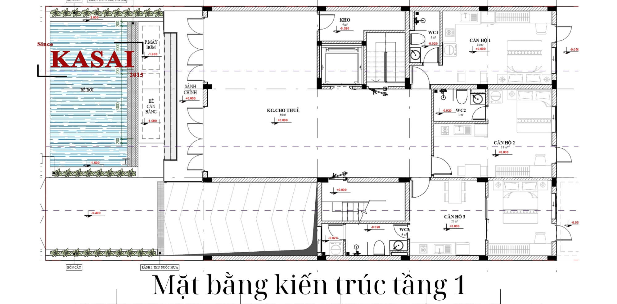 Tầng 1 mặt bằng căn hộ cho thuê 4 tầng 12 phòng