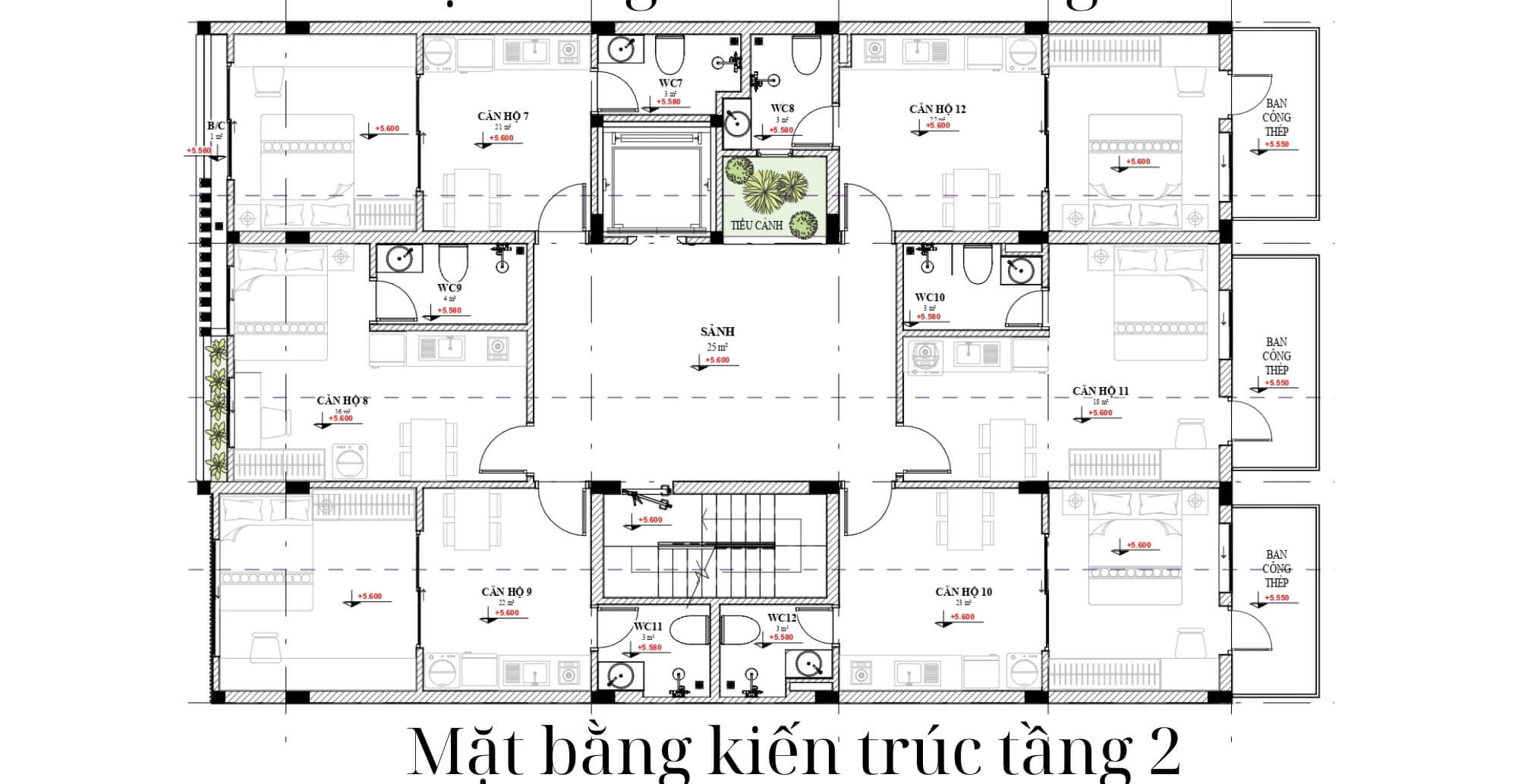 Tầng 2 mặt bằng căn hộ cho thuê 4 tầng 12 phòng
