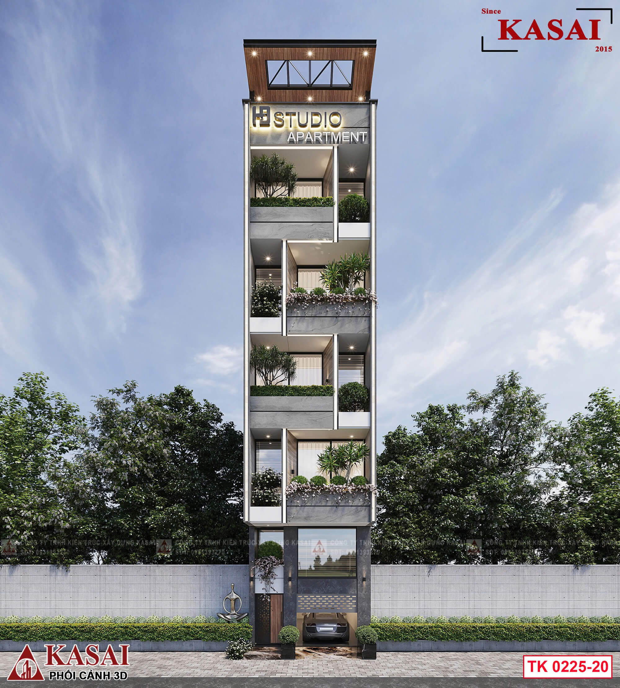 Thiết kế căn hộ cho thuê 5 tầng 5×25 hiện đại và xanh mát