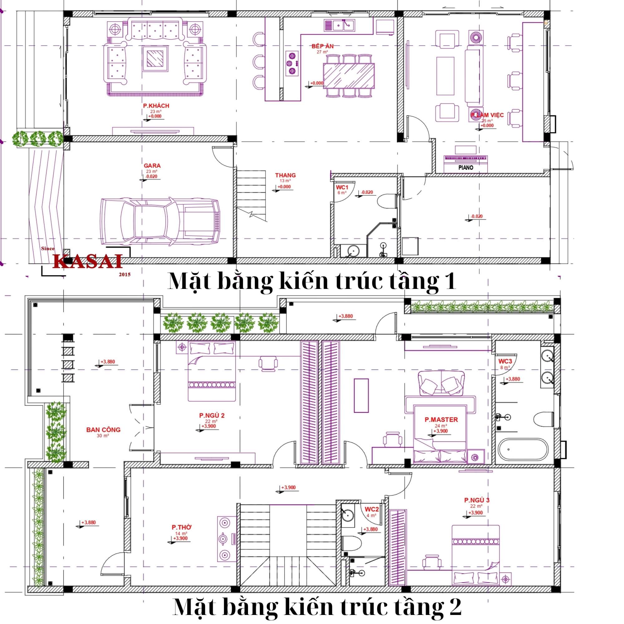 Bản vẽ thiết kế nhà 2 tầng 8x15m