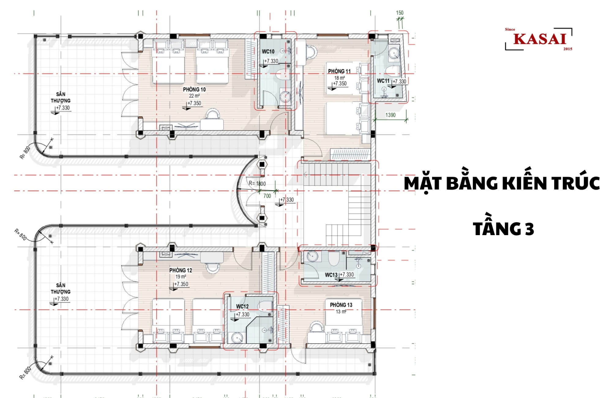 Bản vẽ tầng 3 thiết kế khách sạn 14x18m