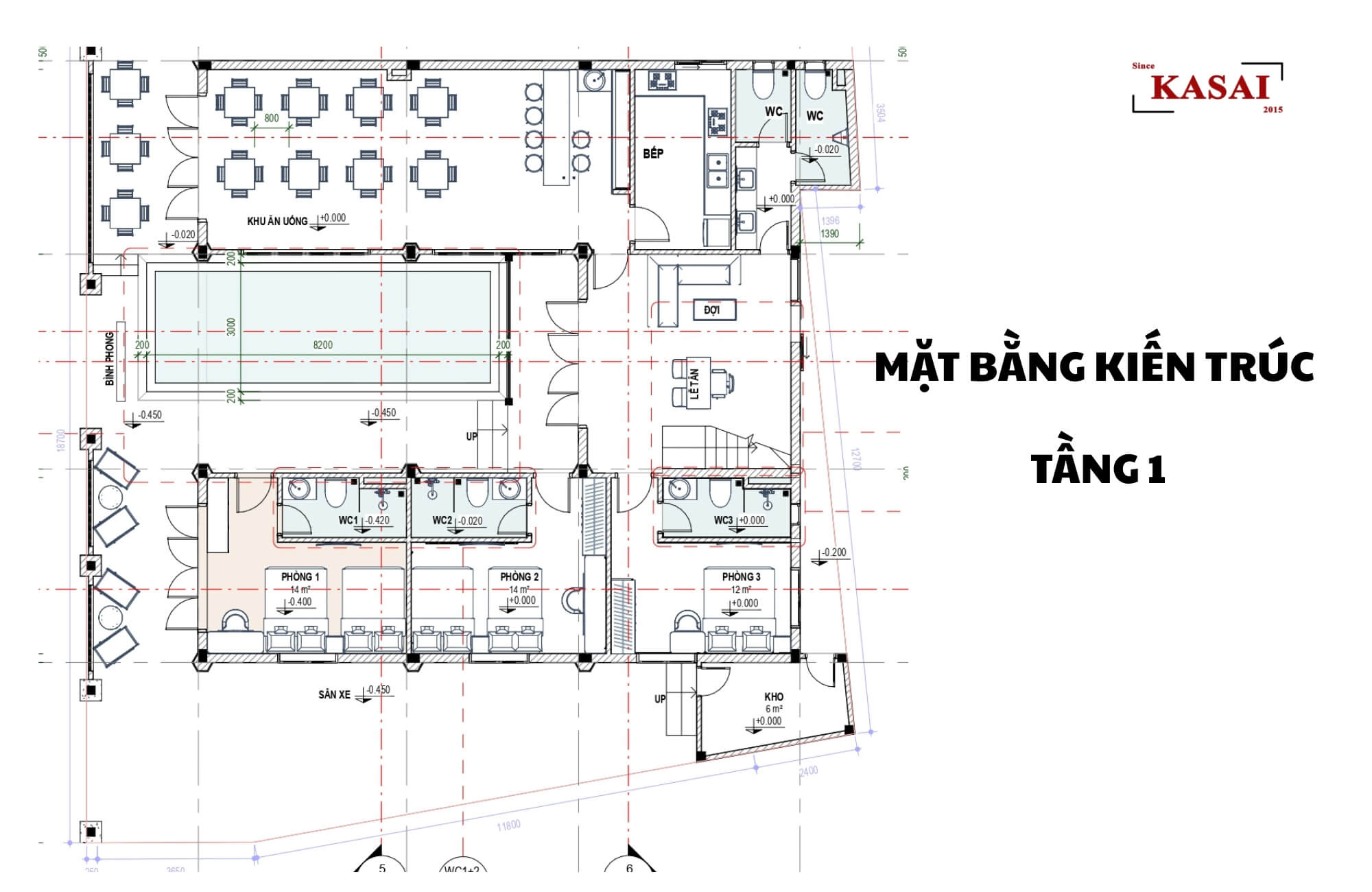 Bản vẽ tầng 1 thiết kế khách sạn 14x18m