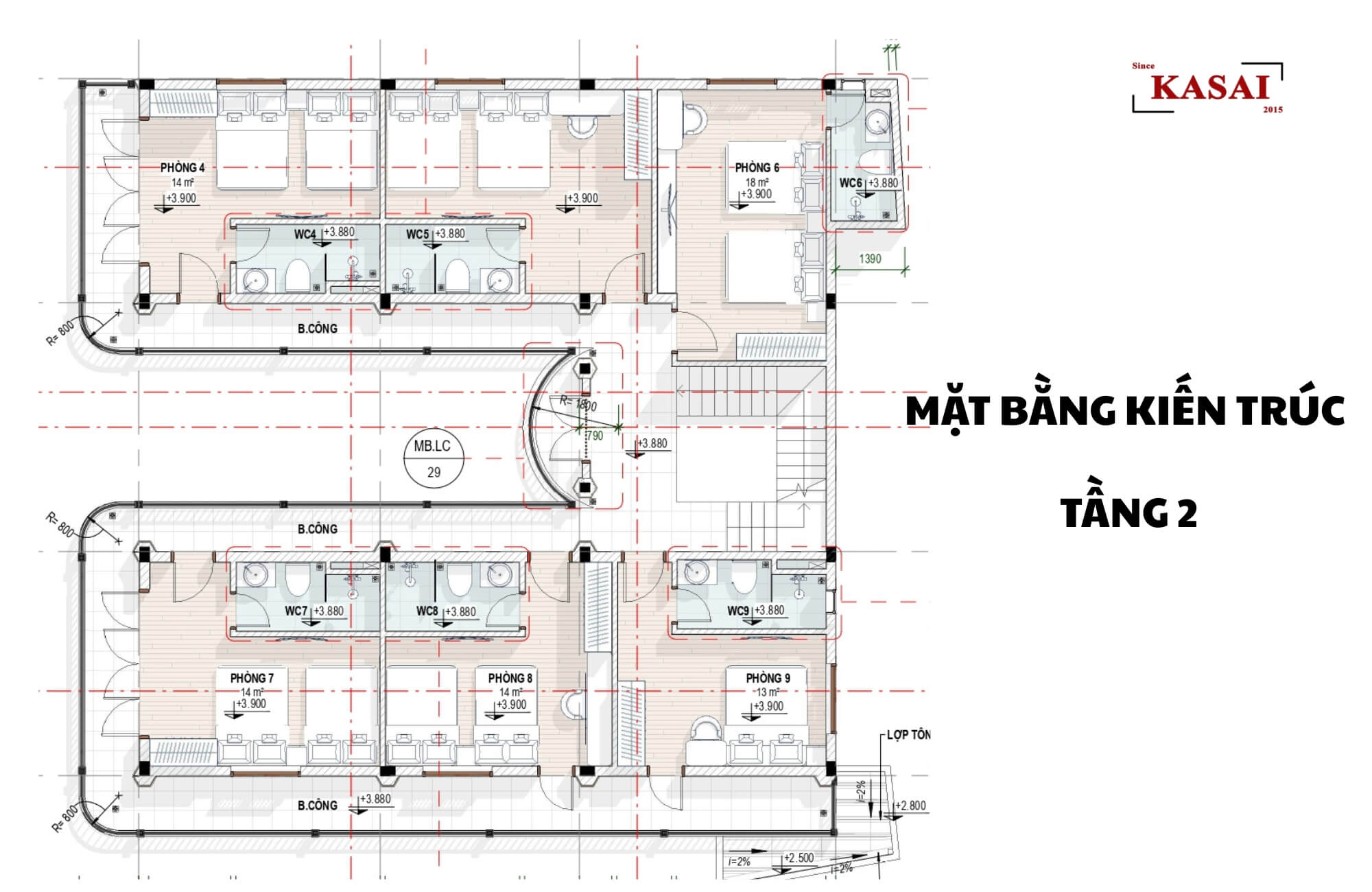 Bản vẽ tầng 2 thiết kế khách sạn 14x18m